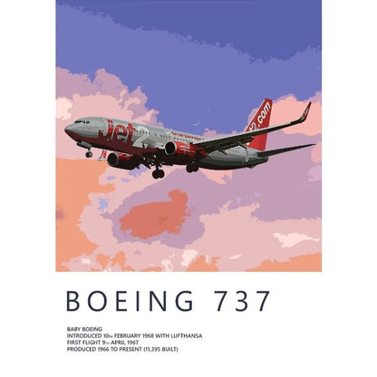 Boeing 737 airplane flying in the sky with colorful clouds