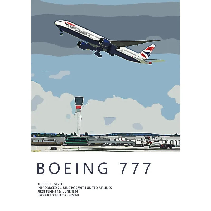 Illustration of a Boeing 777 airplane flying over an airport with a control tower.