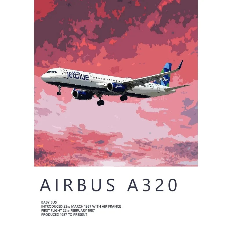 Airbus A320 airplane flying against a pink and purple clouded sky with 'jetBlue' branding.