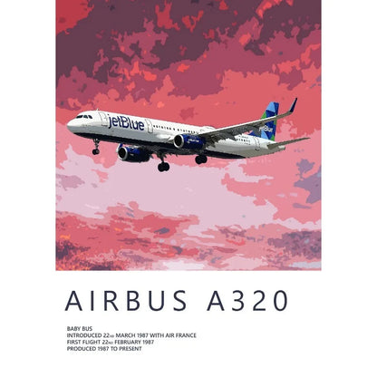 Airbus A320 airplane flying against a pink and purple clouded sky with 'jetBlue' branding.