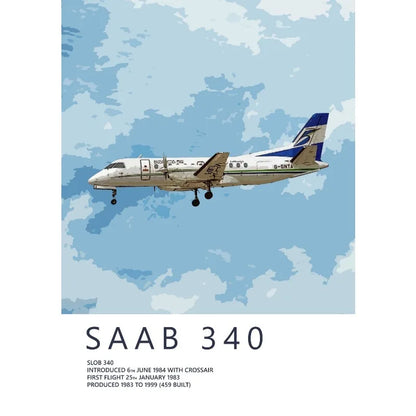SAAB 340 airplane illustration against a blue sky with clouds