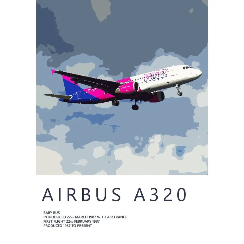Airbus A320 airplane illustration with colorful design against a blue sky.