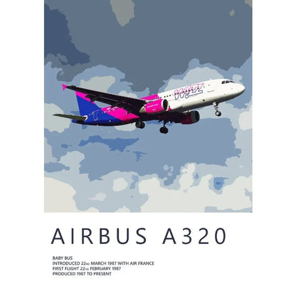 Airbus A320 airplane illustration with colorful design against a blue sky.