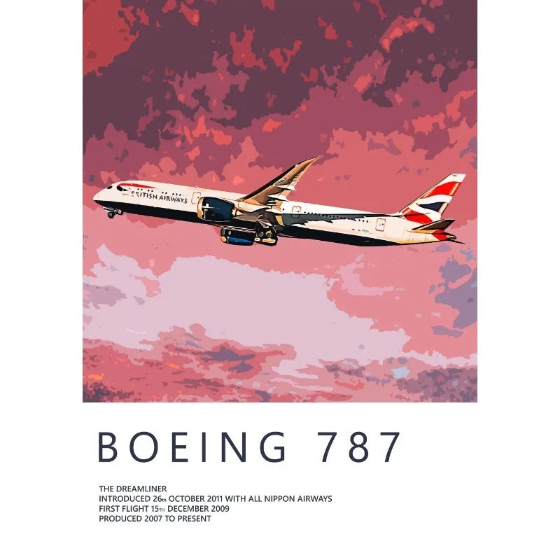Boeing 787 airplane flying against a pink and purple clouded sky with 'Boeing' branding.