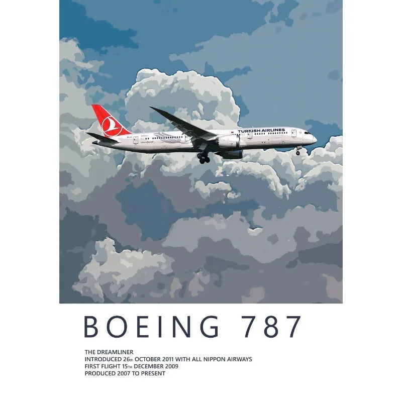 Boeing 787 airplane flying through clouds with Turkish Airlines branding.