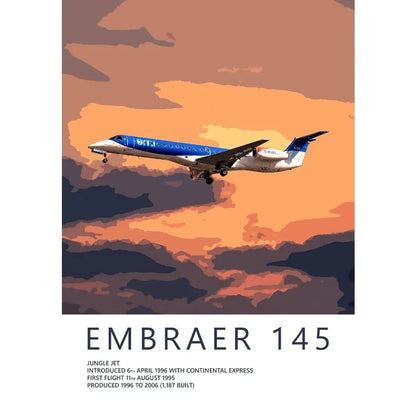 Embraer 145 airplane illustration against a colorful sky