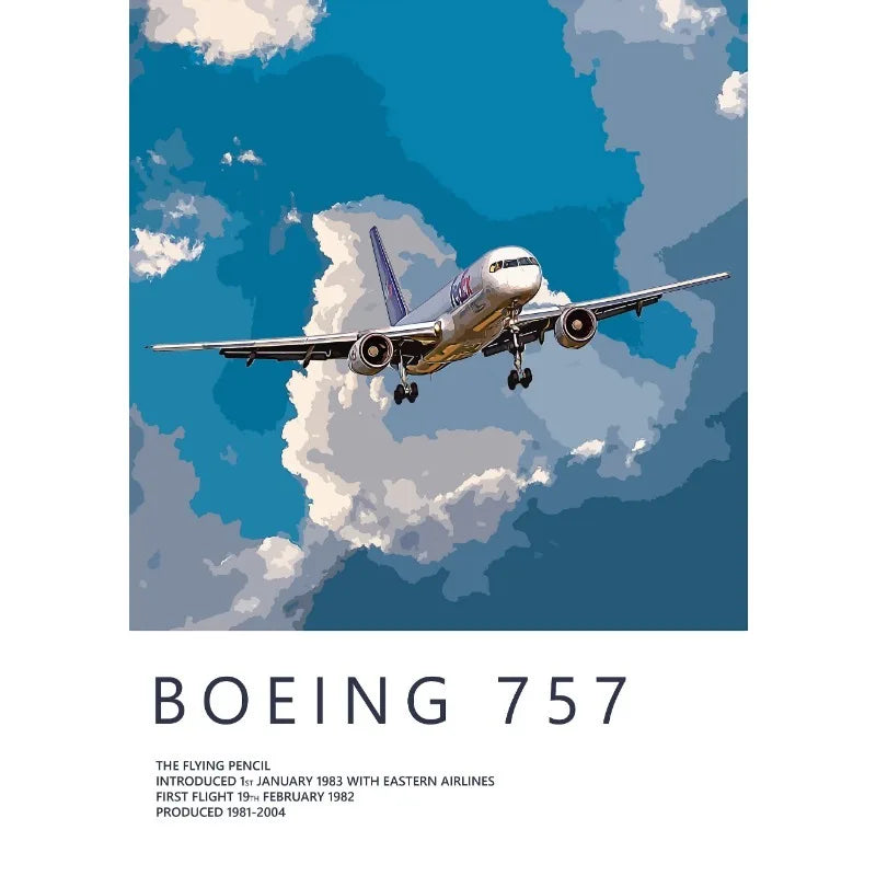 Boeing 757 airplane flying in the sky with clouds, featuring the brand name 'Boeing' below.