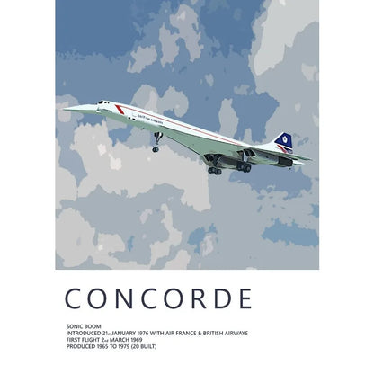 Concorde airplane flying in the sky with a blue and gray cloud background