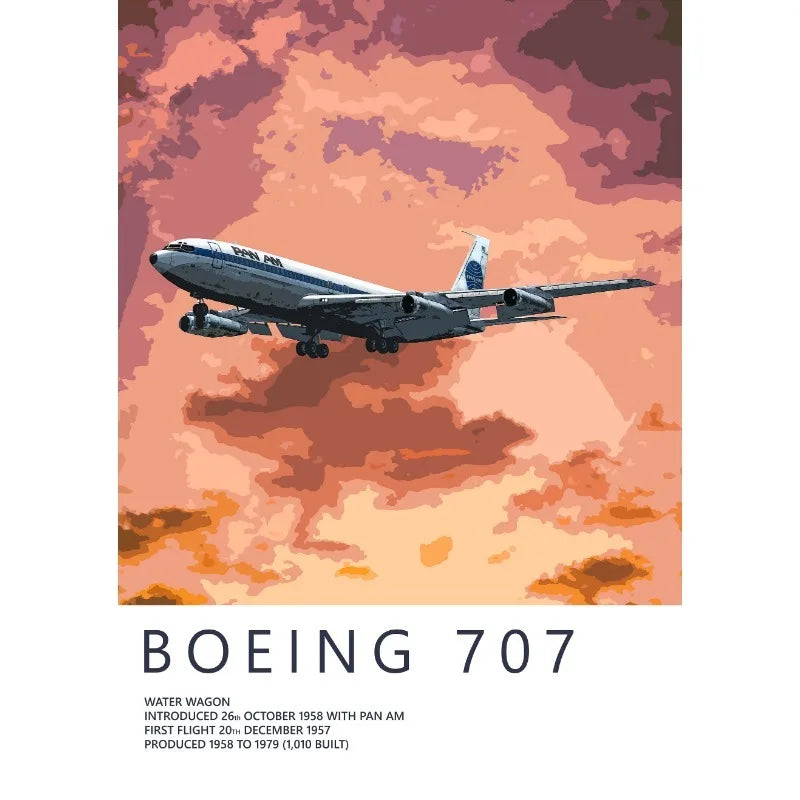 Boeing 707 airplane flying against a colorful cloud background