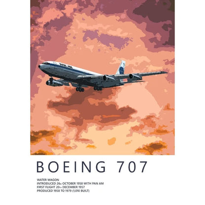 Boeing 707 airplane flying against a colorful cloud background