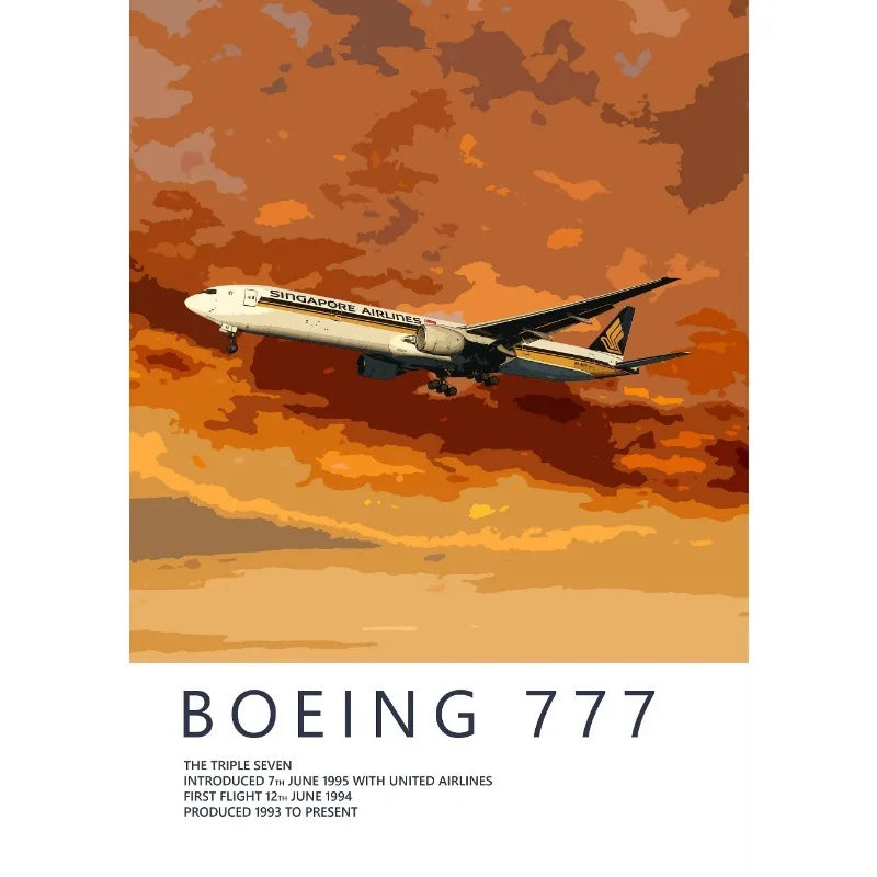 Boeing 777 airplane flying through an orange and brown sky with Singapore Airlines branding.