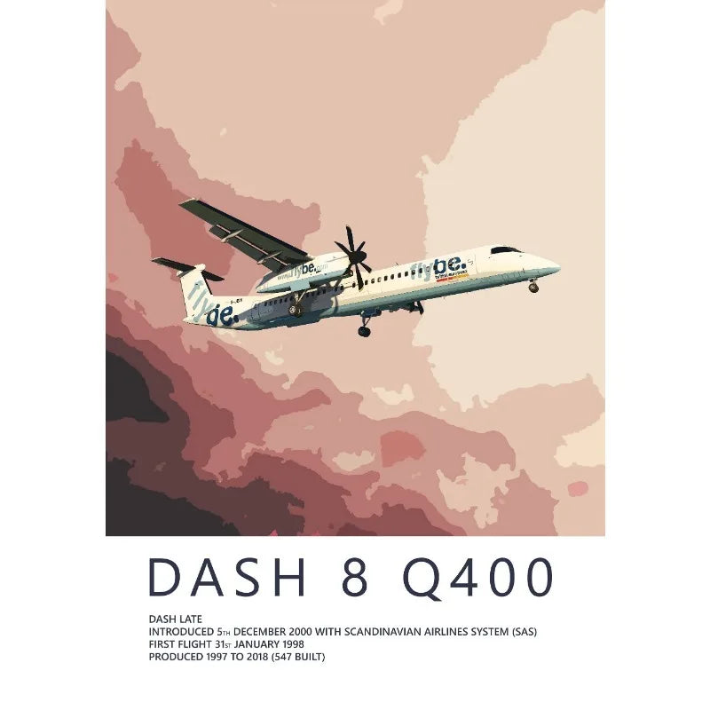 Poster of a Dash 8 Q400 airplane flying against a pink and black abstract background.