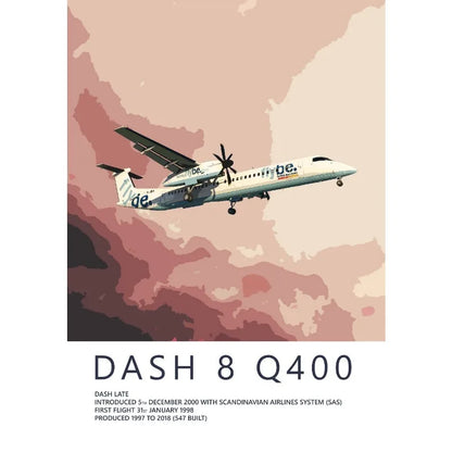 Poster of a Dash 8 Q400 airplane flying against a pink and black abstract background.