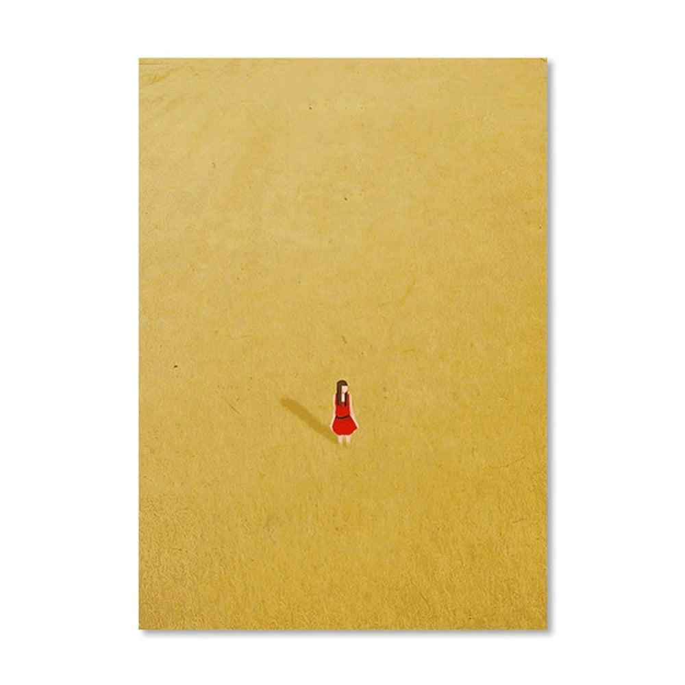 Small red figure on a textured yellow background