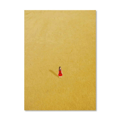Small red figure on a textured yellow background
