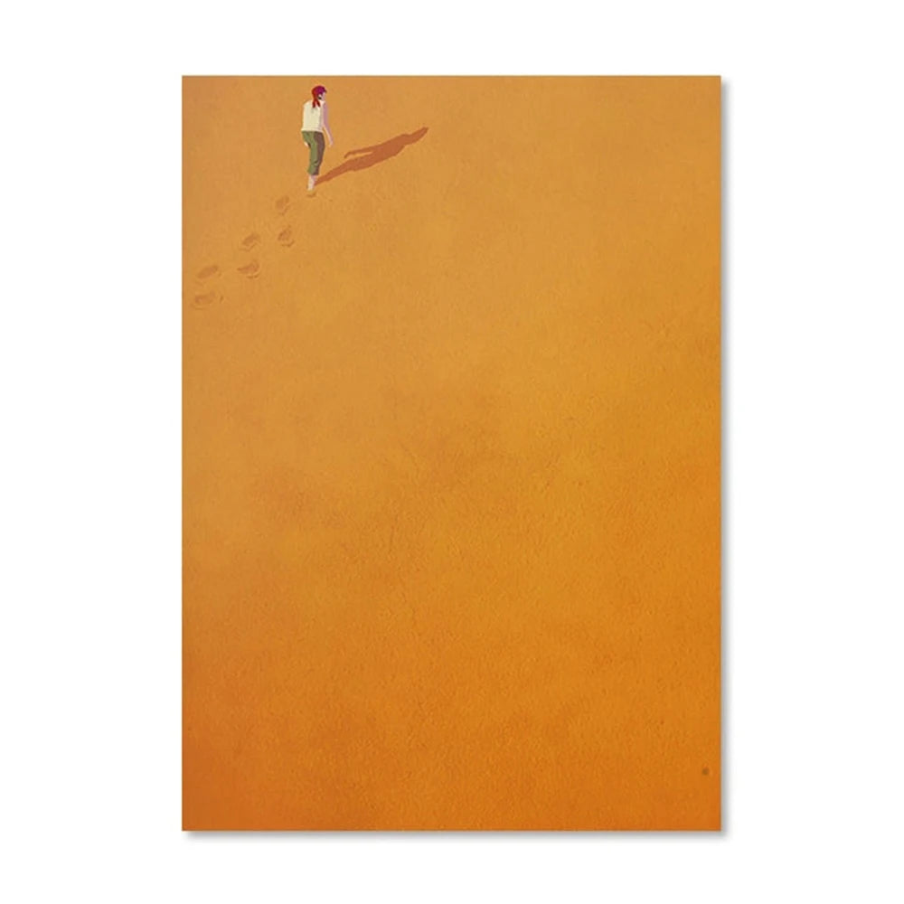 Person walking on a textured orange surface with footprints leading towards them.