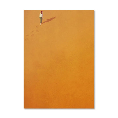 Person walking on a textured orange surface with footprints leading towards them.