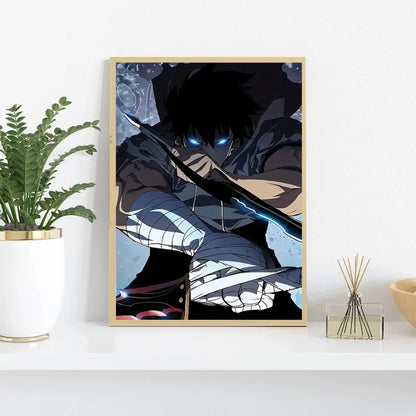 Framed artwork of an anime character on a white surface with decorative items.