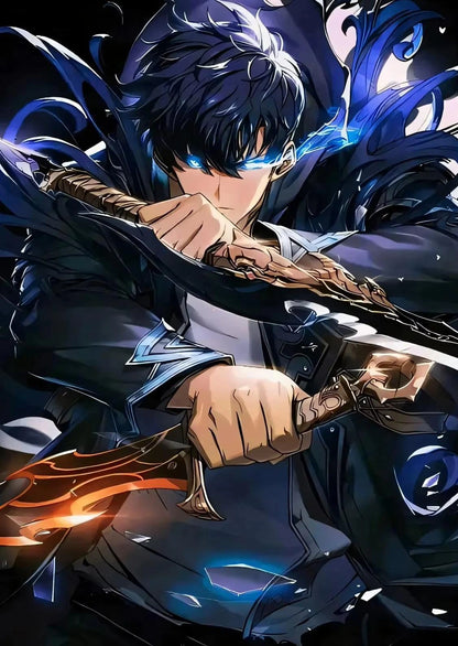 Animated character with blue hair and armor holding a sword against a dark background