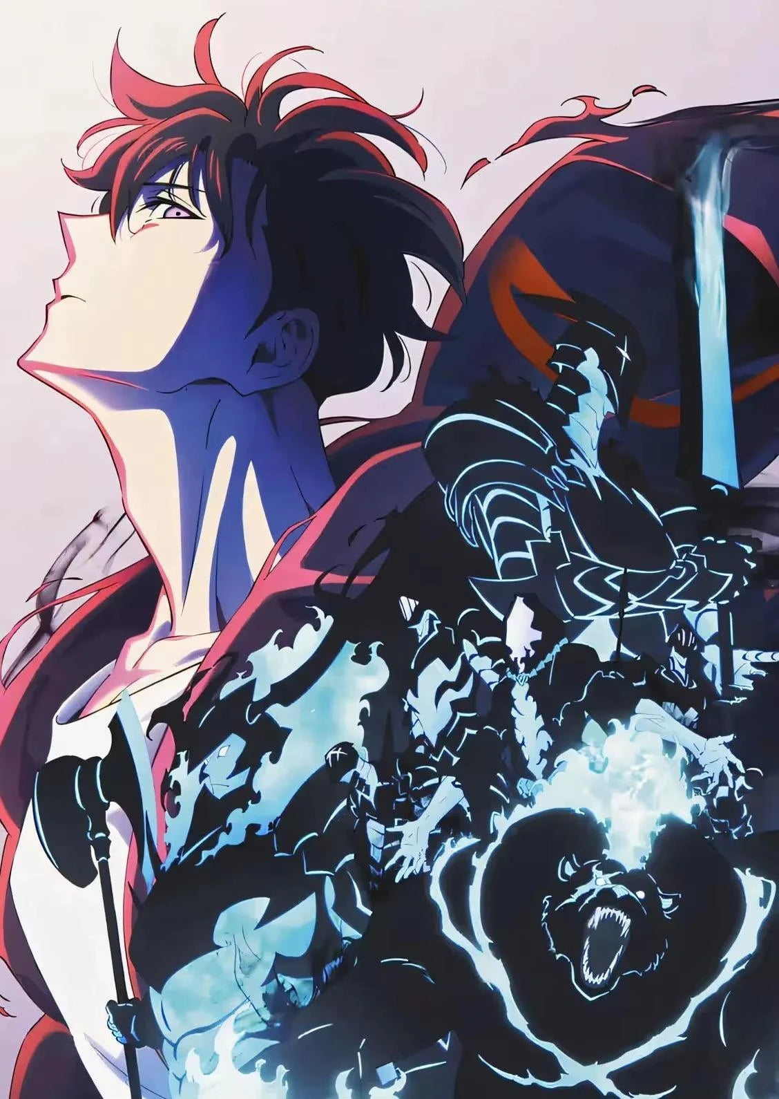 Anime character with red hair and blue eyes, wearing a black outfit with glowing effects.