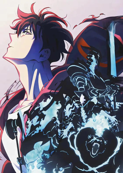 Anime character with red hair and blue eyes, wearing a black outfit with glowing effects.