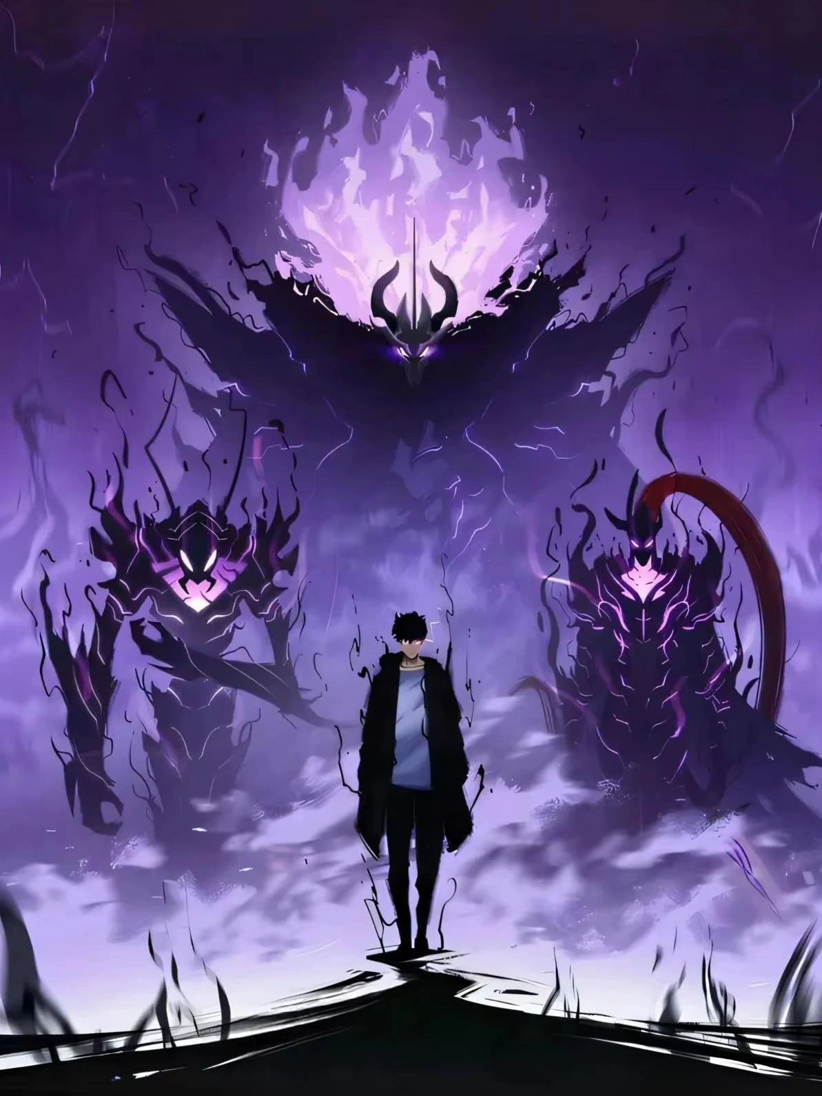 Silhouette of a person facing three monstrous creatures with glowing purple eyes on a dark background
