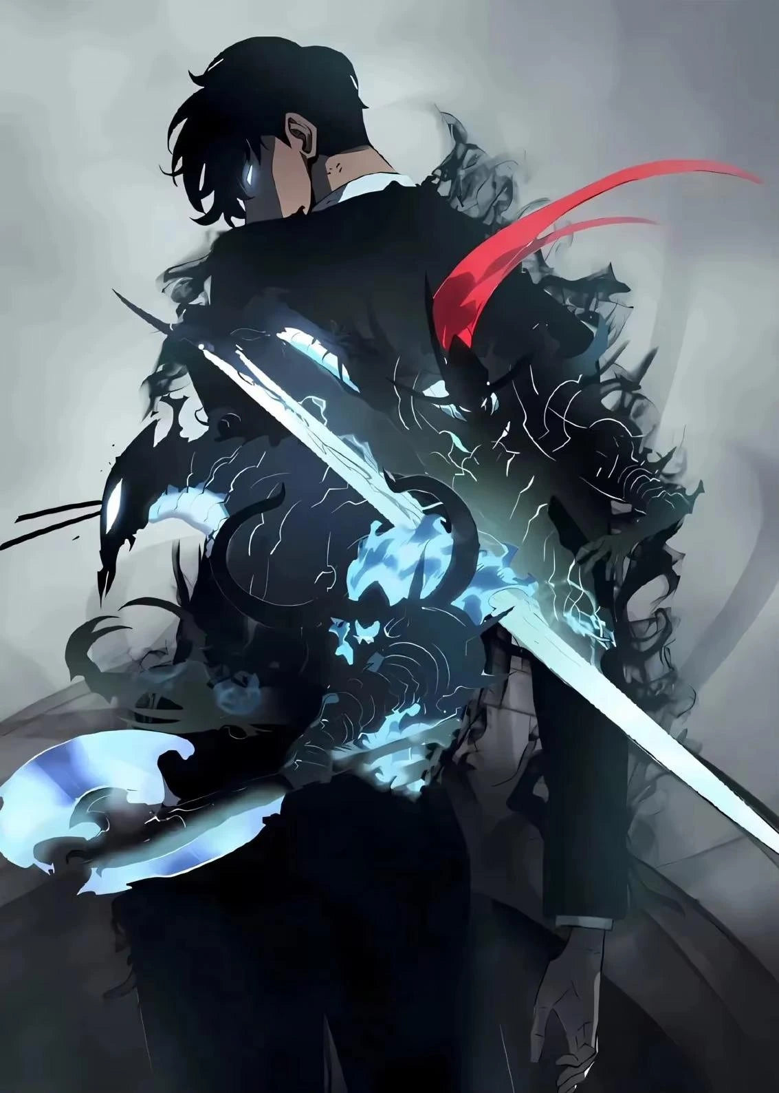 Animated character with a sword, surrounded by glowing energy effects on a dark background