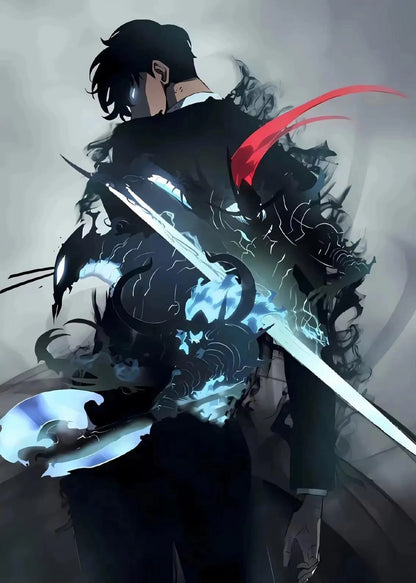 Animated character with a sword, surrounded by glowing energy effects on a dark background