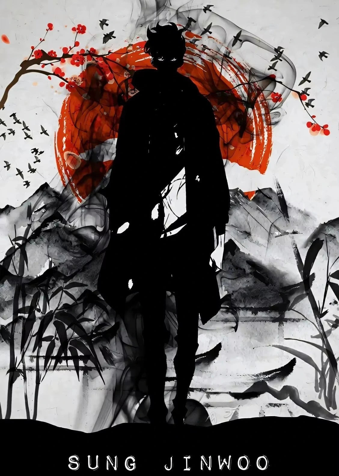 Silhouette of a person against a stylized background with red circular design and black leaves.