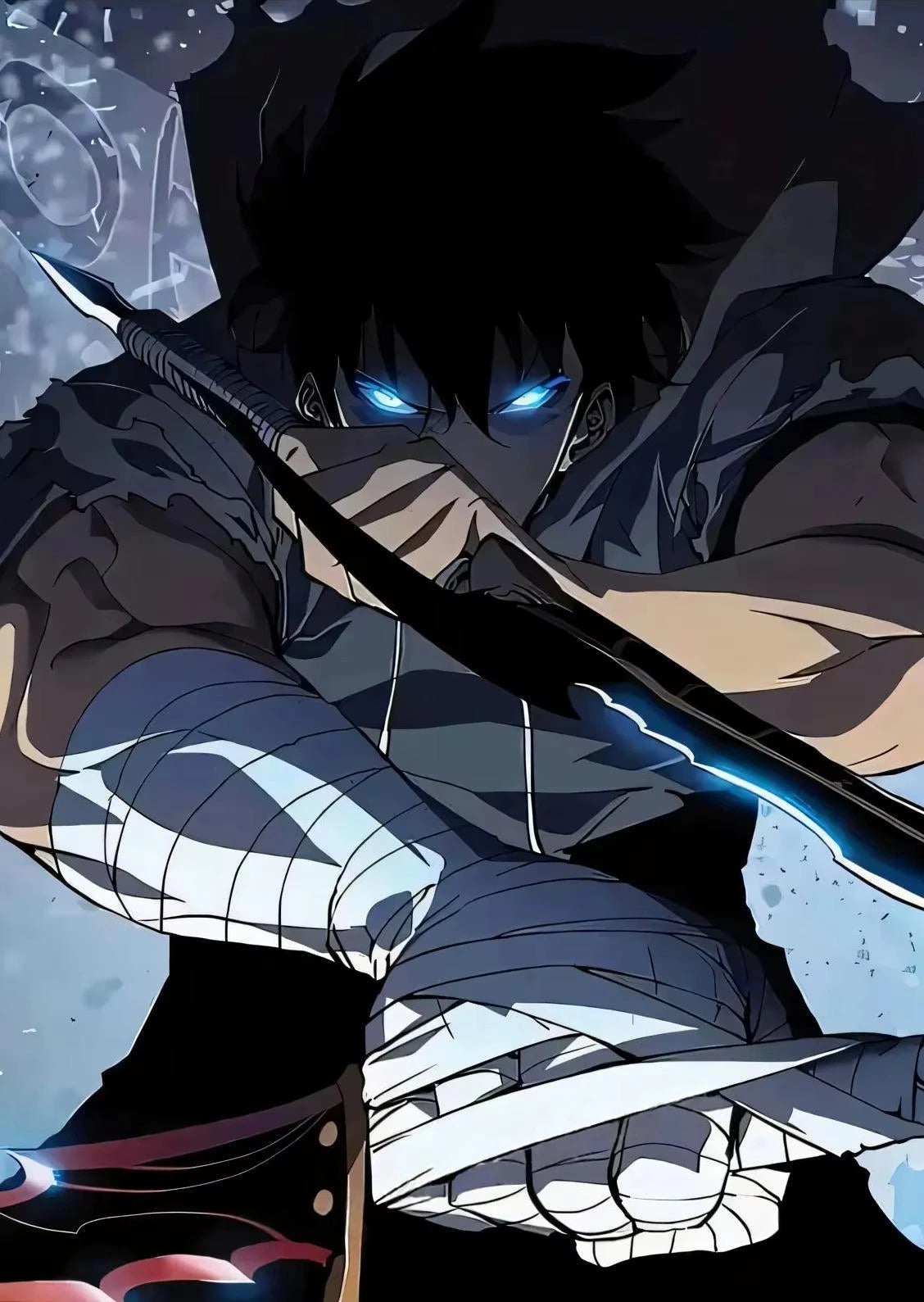 Anime character with a sword, blue eyes, and dark hair against a starry night sky.