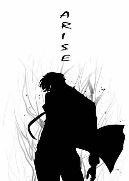 Silhouette of a character with 'ARISE' text above on a white background