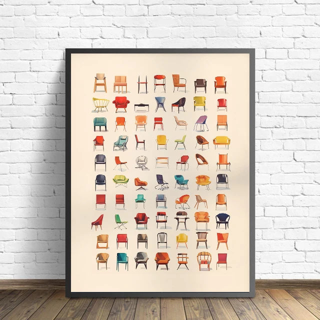Framed poster with colorful chair illustrations on a white brick wall.