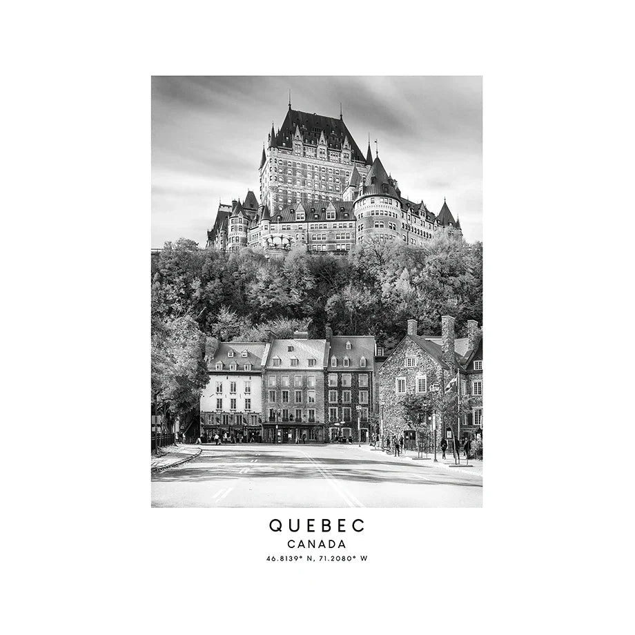 Black and white image of a castle in Quebec, Canada