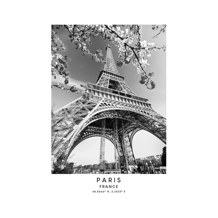 Black and white image of the Eiffel Tower with cherry blossoms, labeled 'Paris, France'.