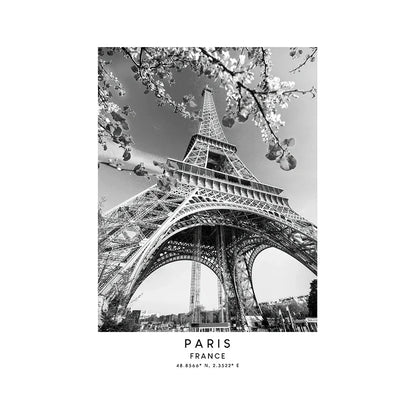 Black and white image of the Eiffel Tower with cherry blossoms, labeled 'Paris, France'.