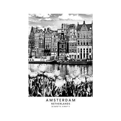 Black and white image of Amsterdam canal houses with tulips in the foreground.