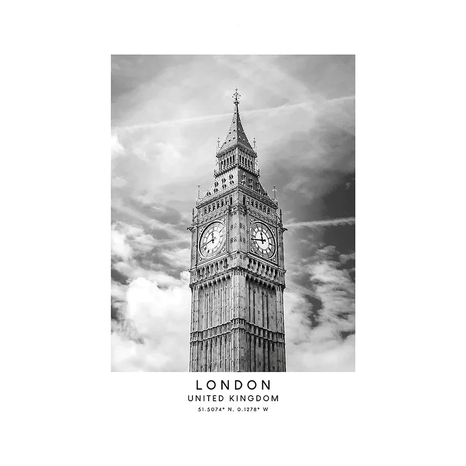 Black and white photo of Big Ben with 'London United Kingdom' text at the bottom.
