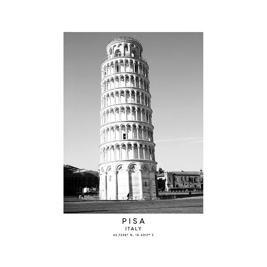 Black and white photo of the Leaning Tower of Pisa with coordinates displayed.