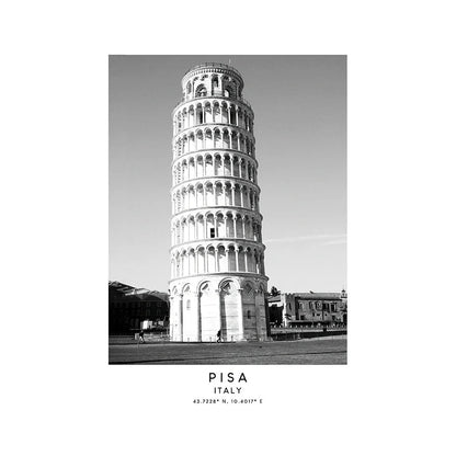 Black and white photo of the Leaning Tower of Pisa with coordinates displayed.