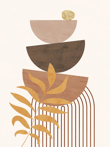 Decorative design with geometric shapes and leaves on a beige background