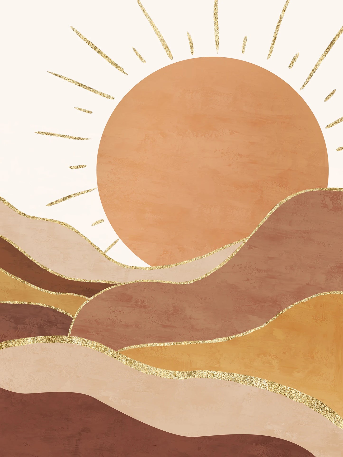 Abstract landscape with a large sun and wavy lines in warm colors on a beige background