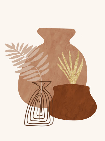 Decorative illustration of vases and leaves on a beige background