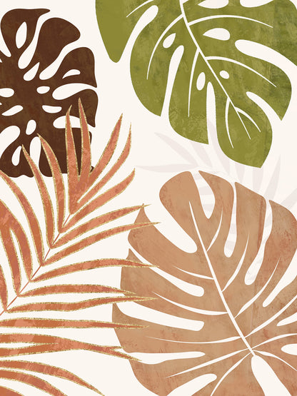 Tropical leaf pattern with brown, green, and beige leaves on a white background