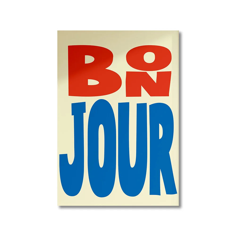 Poster with 'Bonjour' in red and blue on a beige background