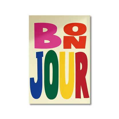 Colorful 'Bonjour' text on a beige background