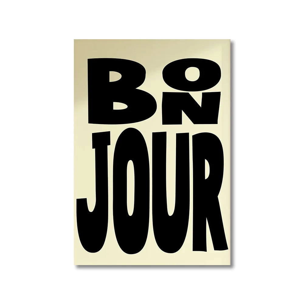 Poster with 'Bonjour' text on a beige background