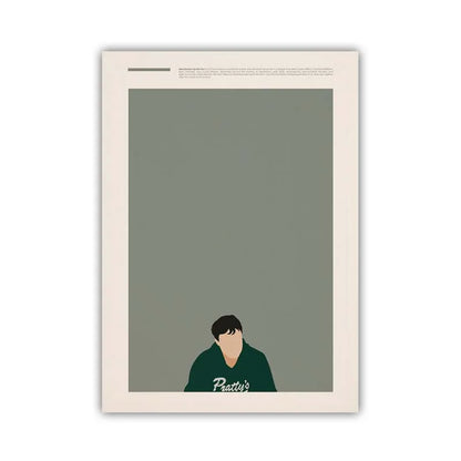 Framed artwork of a person wearing a green shirt with 'Pratt's' text on a gray background