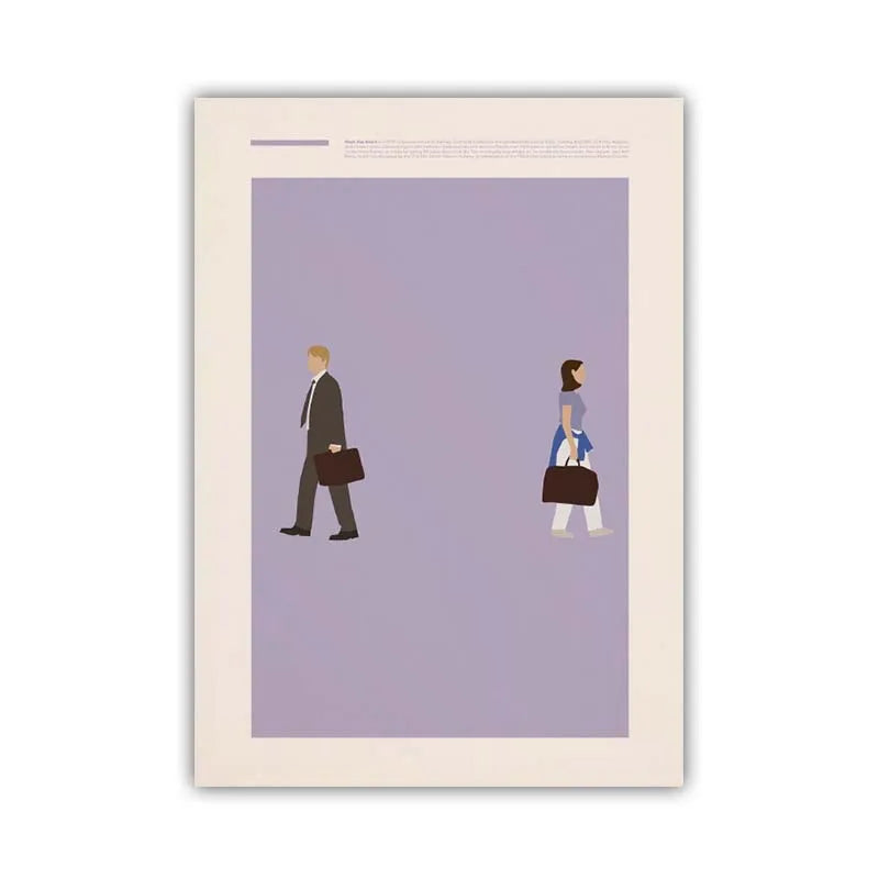 Framed artwork of two people walking with briefcases on a purple background