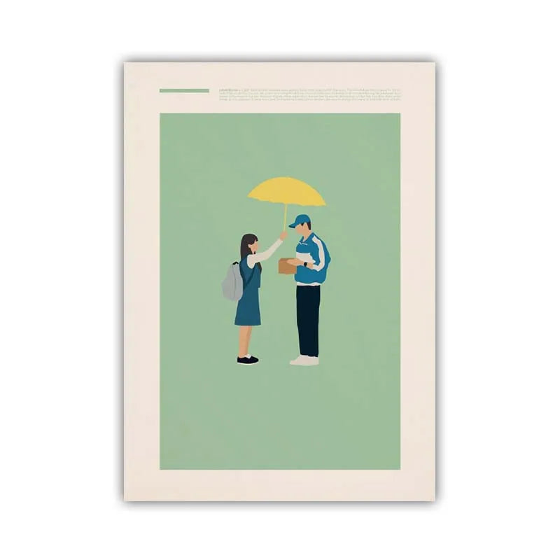 Framed artwork of a man and woman under an umbrella on a light green background