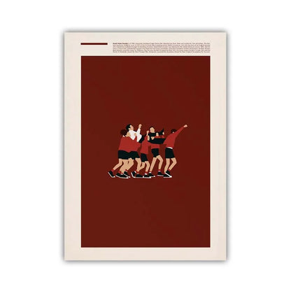 Framed artwork of a group of people in red shirts on a brown background